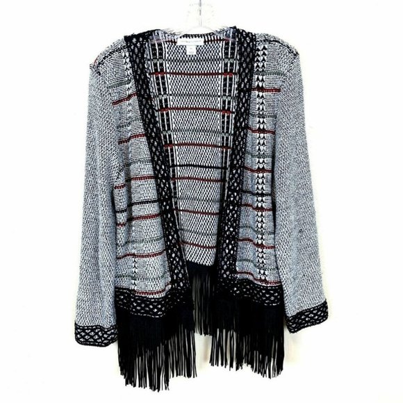 Christopher & Banks Sweaters - christopher & banks, open front fringe black & white cardigan sweater, XL